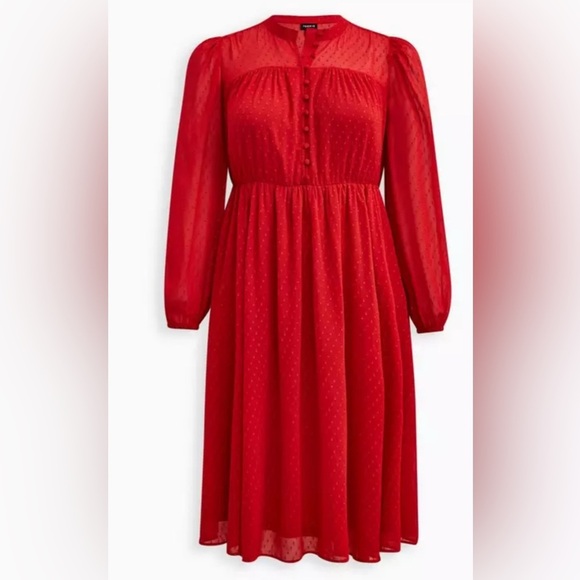Torrid Midi Clip Dot Dress Women's Size 3X Chiffon Red Mandarin Collar Button - Picture 4 of 14